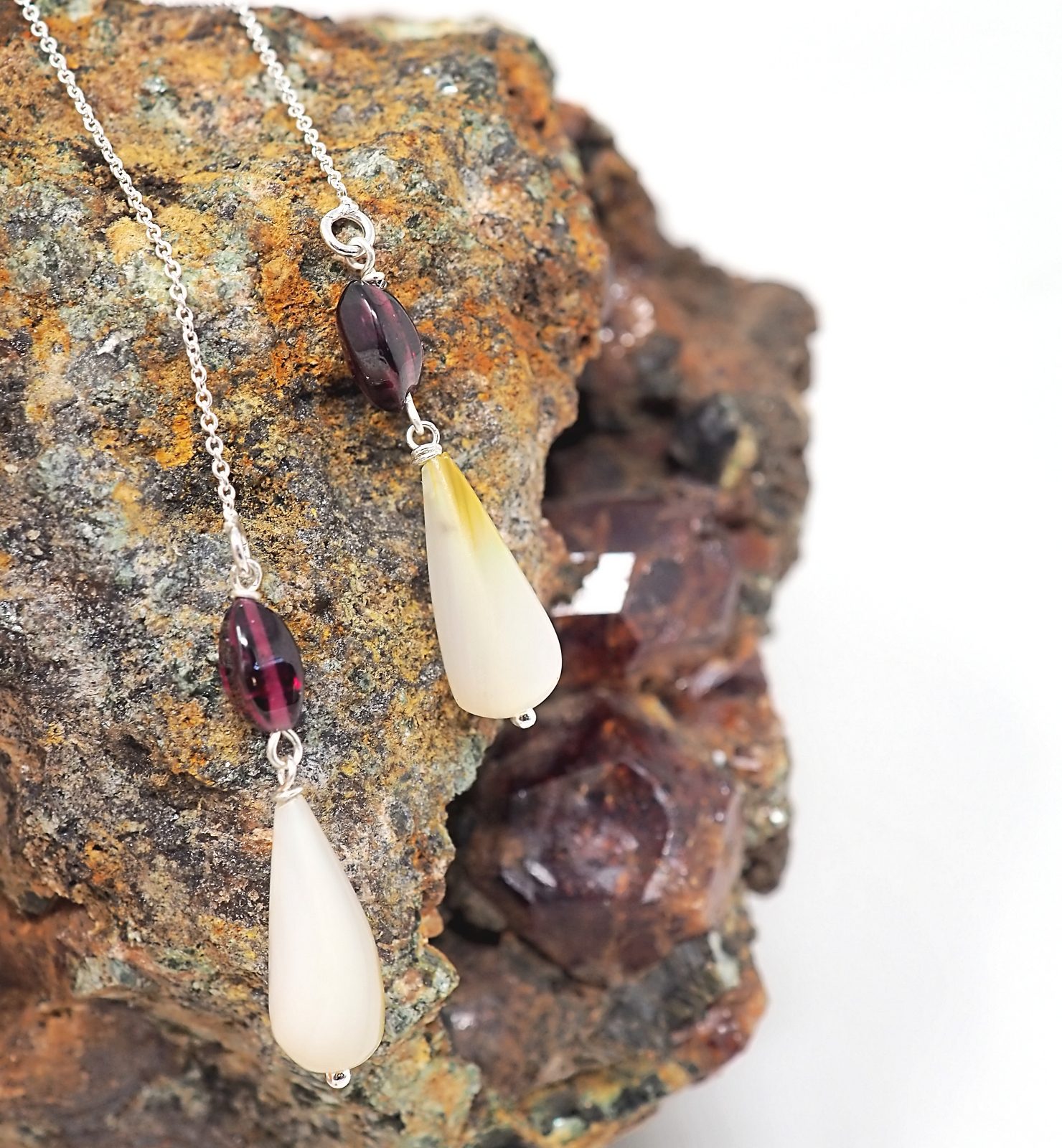 Mother of pearl and garnet threader earrings