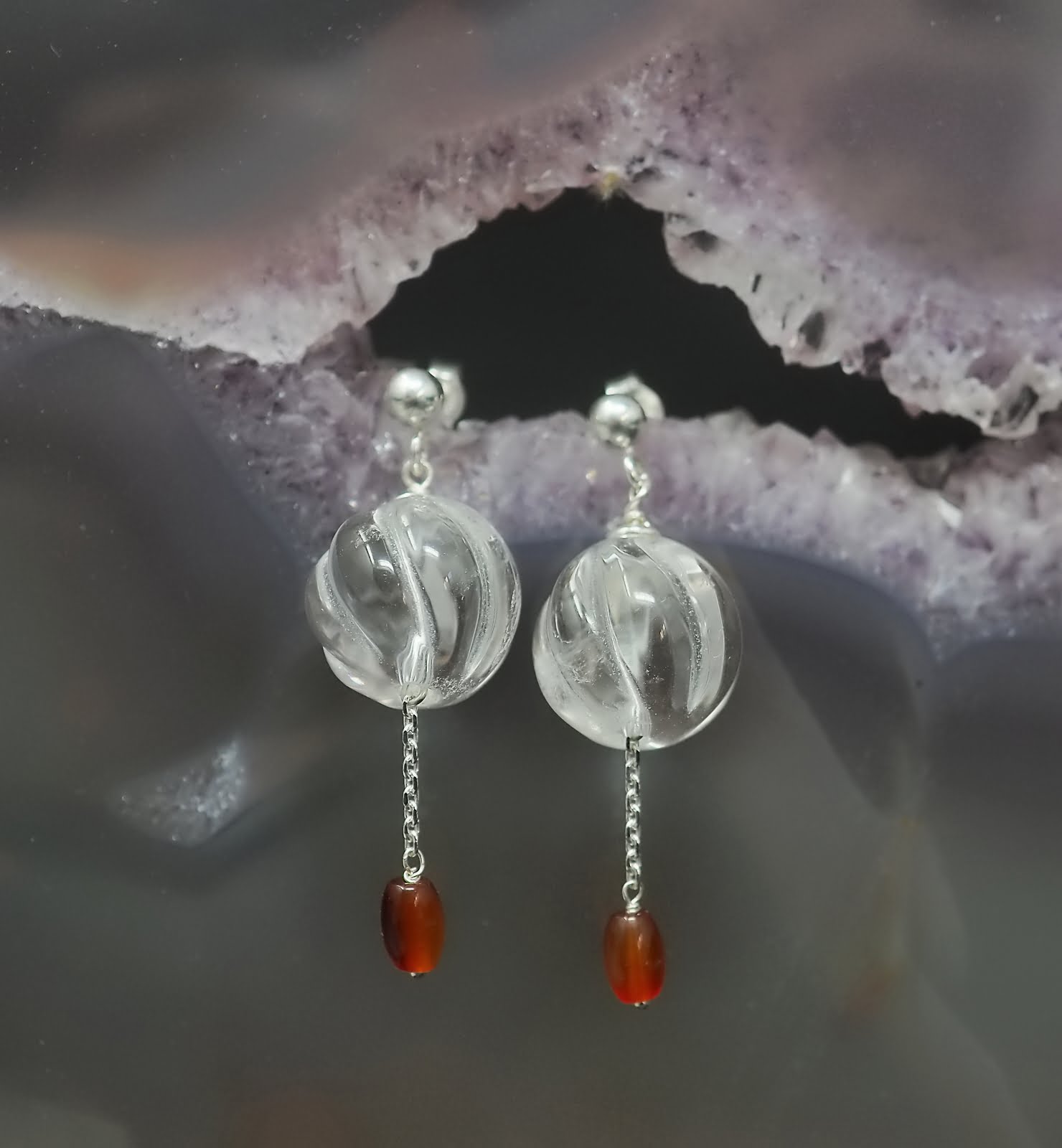 Carved crystal and carnelian earrings