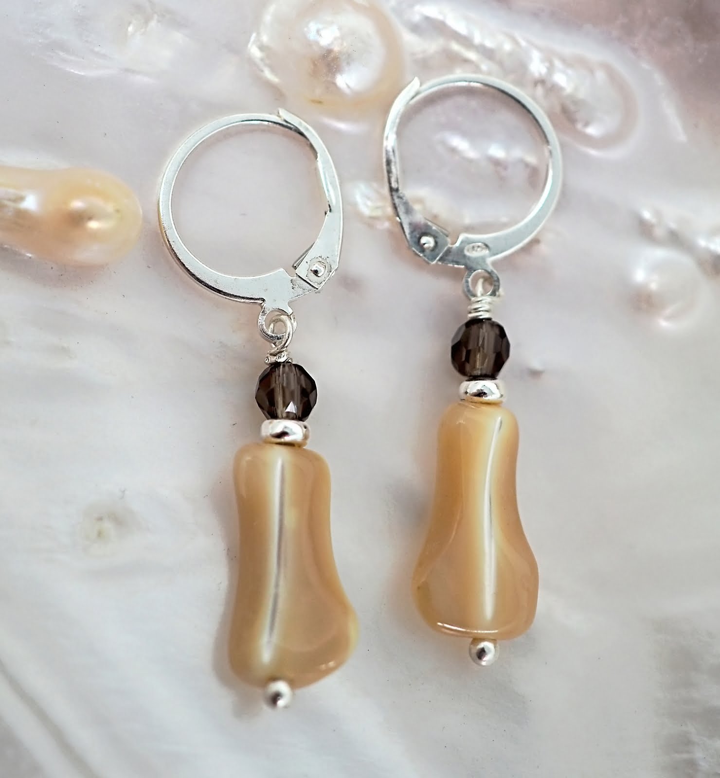 Mother of pearl and smoky quartz earrings