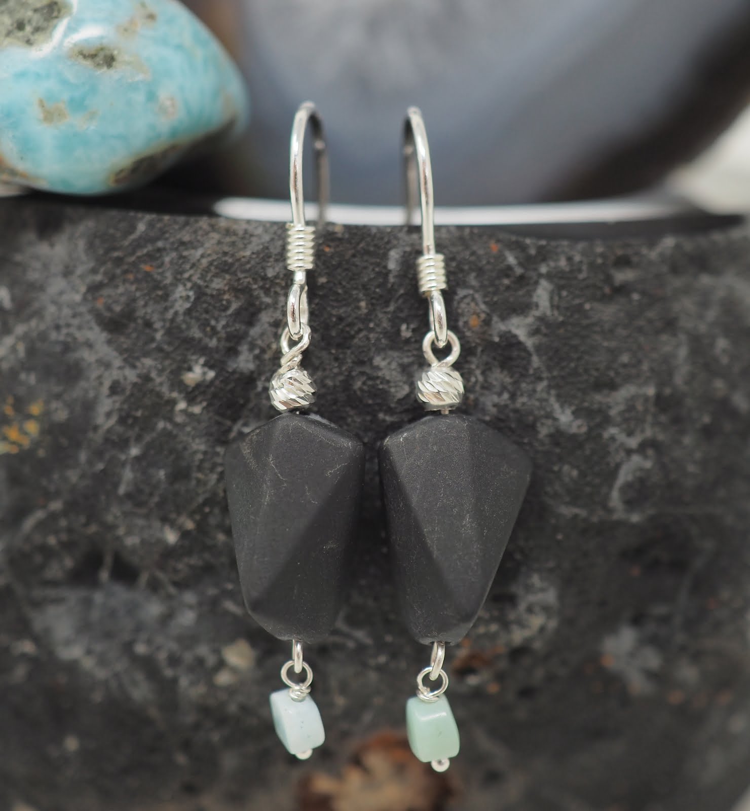 Onyx and larimar earrings