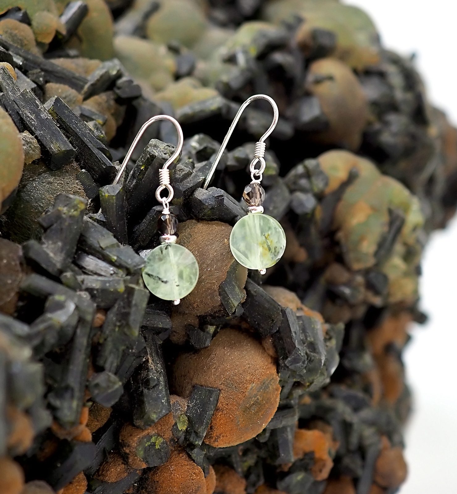 Prehnite/epidote and smoky quartz earrings