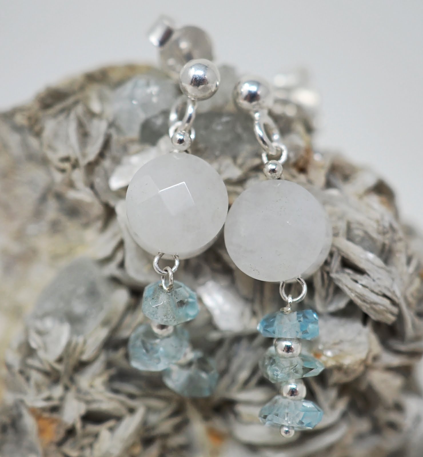 Faceted white quartz and aqua marine earrings