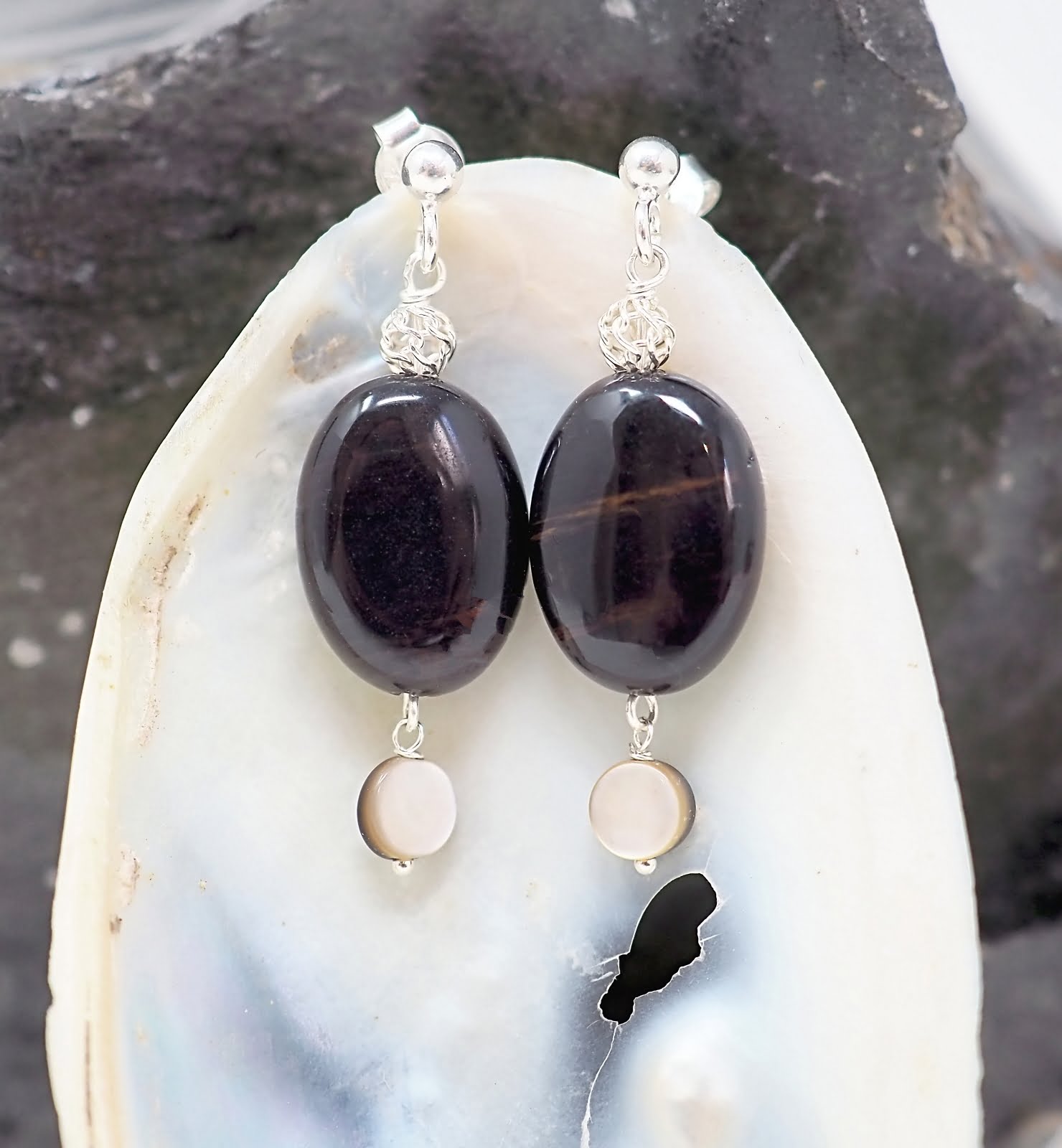 Obsidian and mother of pearl earrings