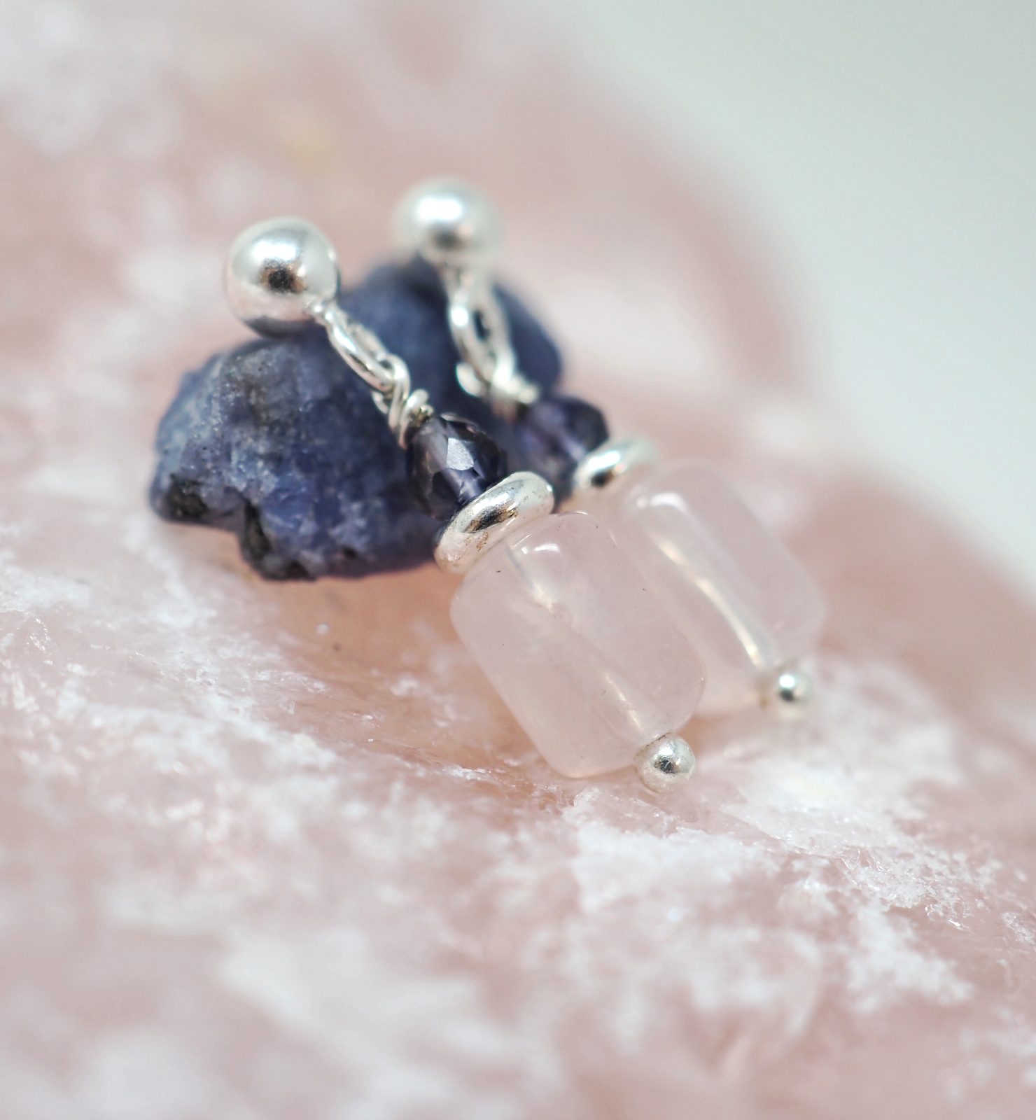 Pink quartz and iolite earrings