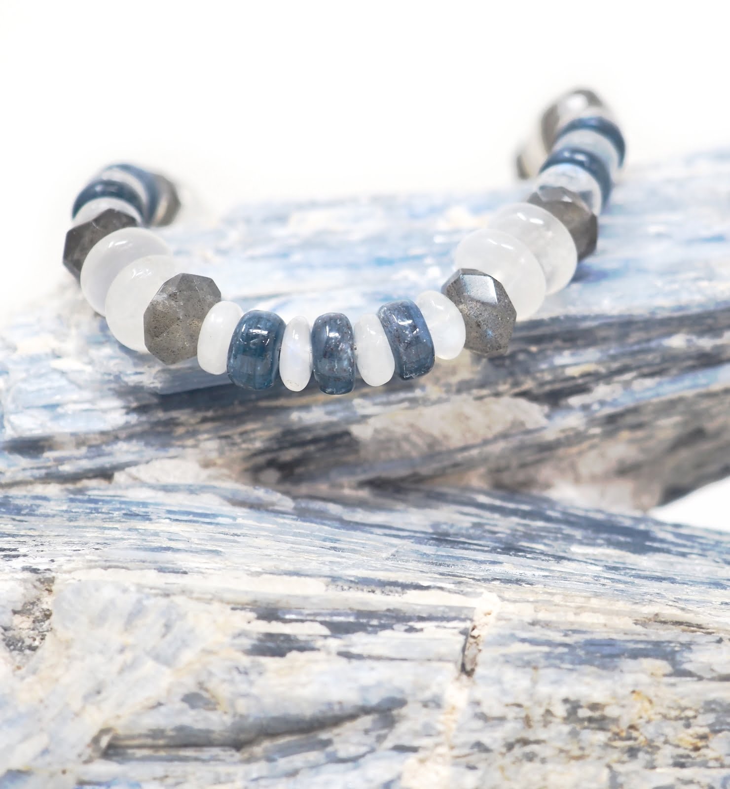 Bracelet pierre de lune, labradorite et cyanite