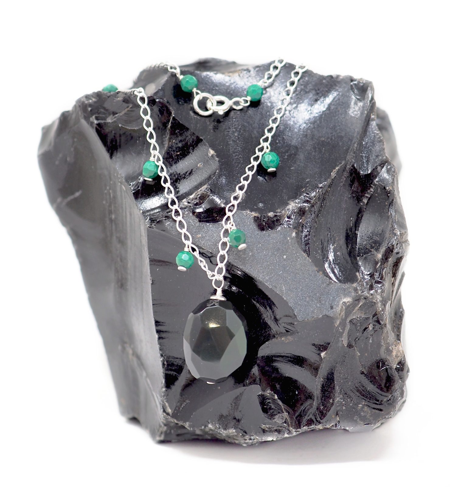 Faceted obsidian and malachite sterling silver necklace