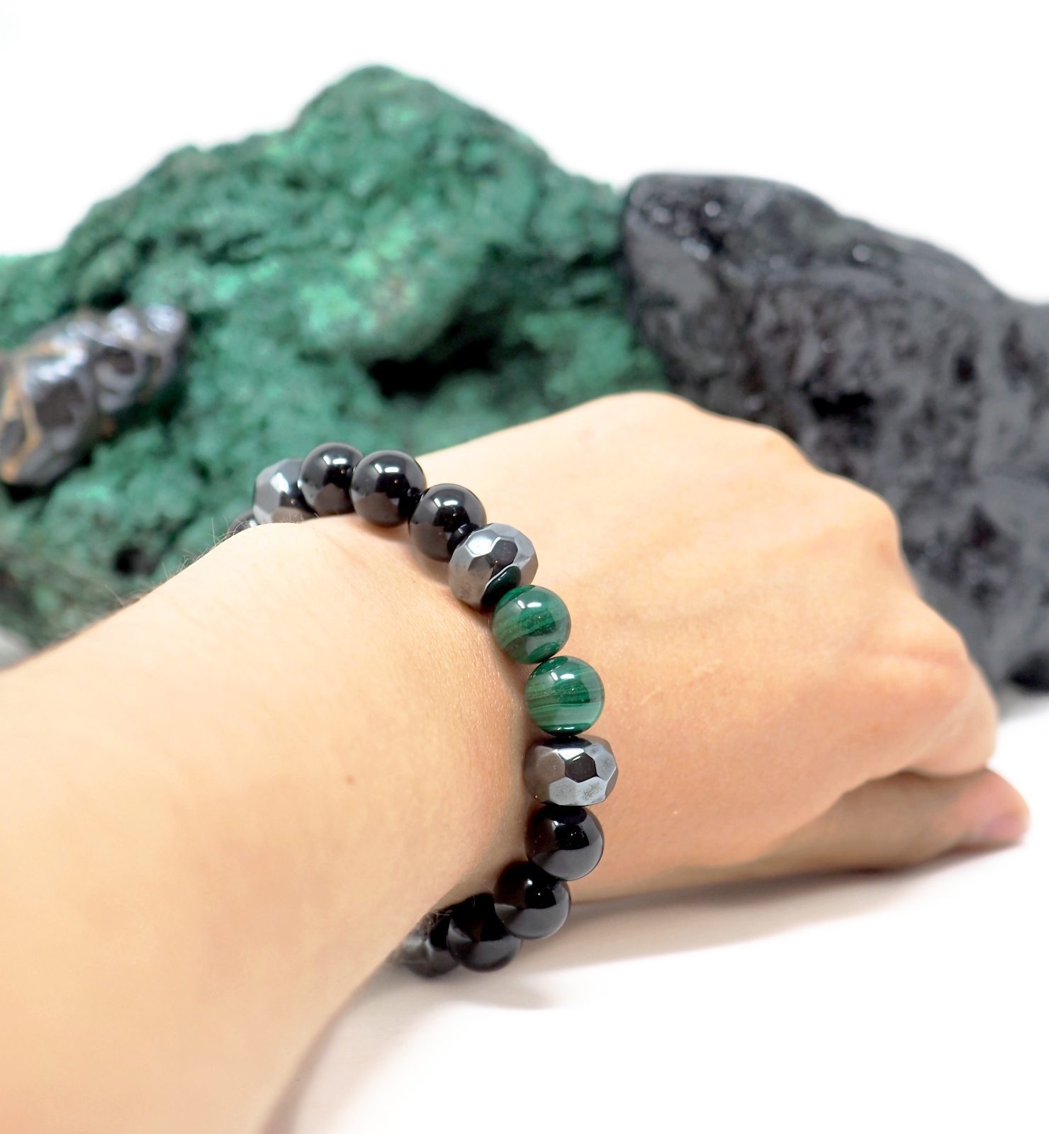 Bracelet tourmaline noire, malachite et hématite